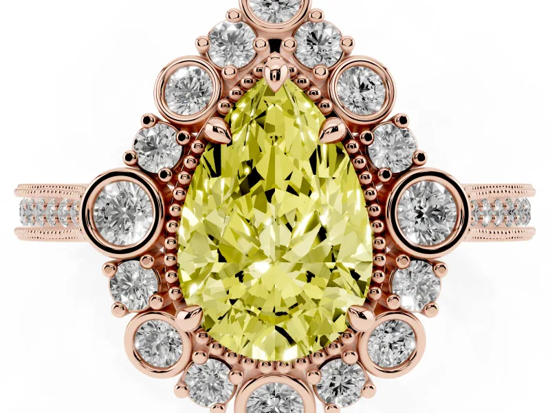 Fancy Yellow Pear Cut Diamond Halo Milgrain Pavé Ring Set in Rose gold with Prong Setting