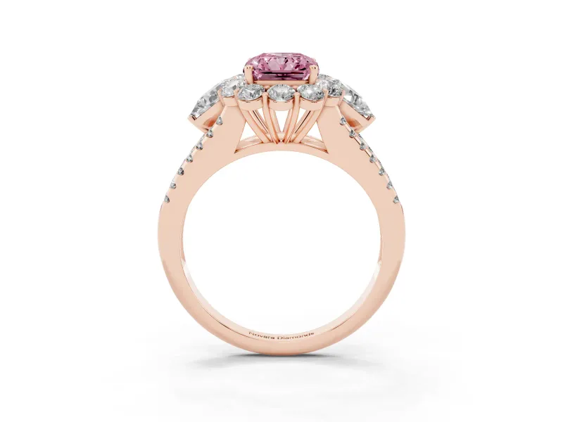 Fancy Pink Radiant Cut Diamond Halo Split Shank Engagement Ring Set in Rose gold with Prong-Held Center Stone