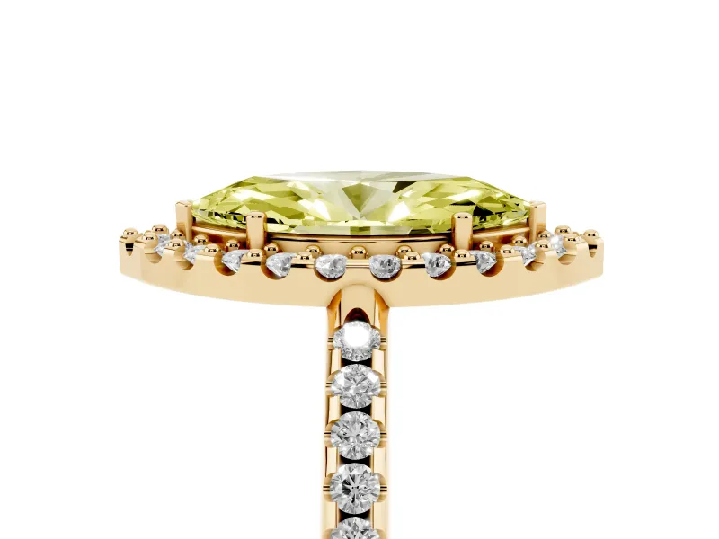 Marquise Pave Halo Engagement Ring Setting for a Fancy Yellow Lab-Grown Diamond | Pave Band | Yellow Gold