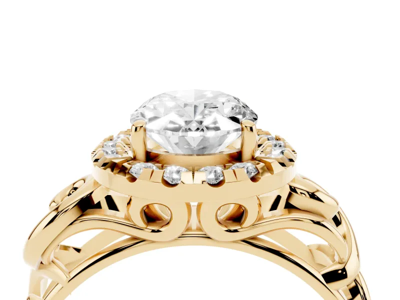 Oval Cut Diamond Halo Ring Set in Yellow gold with Scrollwork Band and Prong Setting