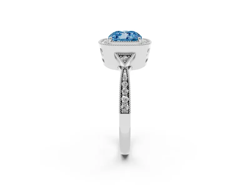 Fancy Blue Cushion Cut Diamond Halo Engagement Ring Set in Platinum with Milgrain Pavé Band