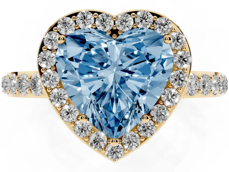 Fancy Blue Heart Cut Diamond Halo Ring Set in Yellow gold with Pavé-Setting Band and Open Prong Center