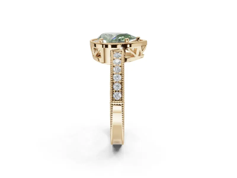 Pear-Shaped Milgrain Halo Engagement Ring Setting for a Fancy Green Lab-Grown Diamond | Wide Pavé Band | Yellow Gold