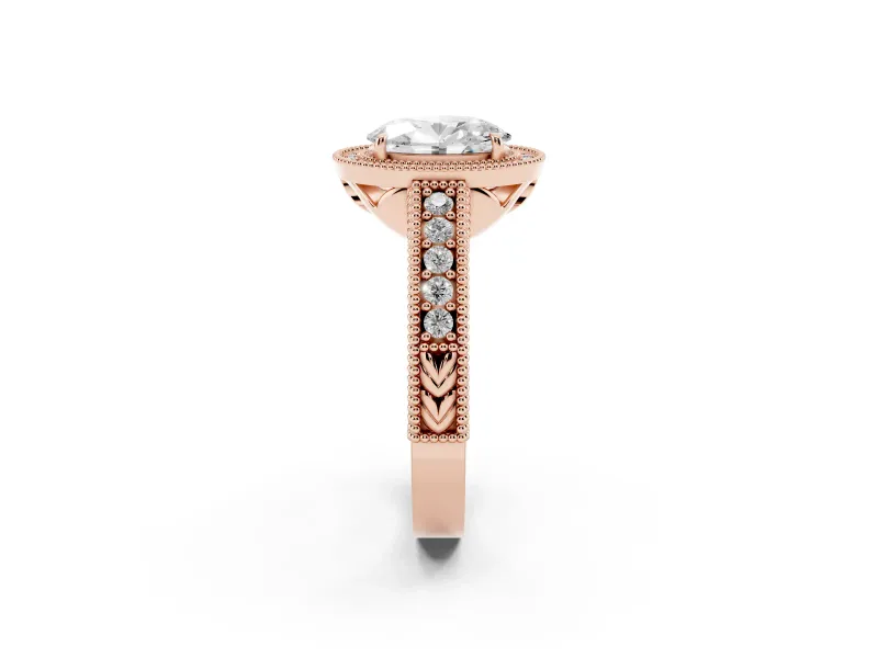 Oval Cut Diamond Halo Ring Set in Rose gold with Round Accent Halo, Pavé Band and Prong Setting