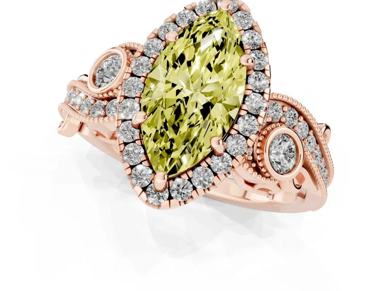 Marquise Vintage Halo Engagement Ring Setting for a Fancy Yellow Lab-Grown Diamond | Bezel Shoulder Accents | Rose Gold