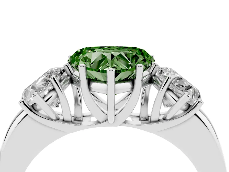 Fancy Green Heart Cut Diamond Three-Stone Ring Set in White gold with Bold Center and Classic Band