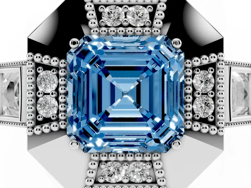 Fancy Blue Asscher Cut Diamond Milgrain Halo Ring Set in White gold with Split Shank