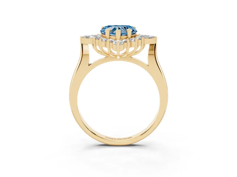 Fancy Blue Heart Cut Diamond Cluster Halo Ring Set in Yellow gold with Marquise and Round Accents