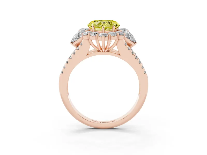 Fancy Yellow Heart Cut Diamond Halo Split Shank Engagement Ring Set in Rose gold with Prong-Held Center Stone