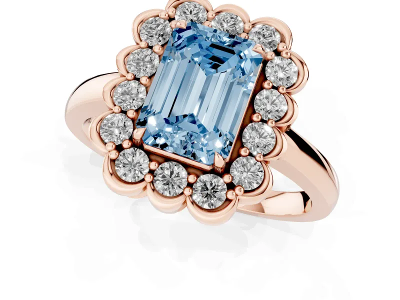 Emerald Cut Scalloped Cluster Halo Engagement Ring Setting for a Fancy Blue Lab-Grown Diamond | Plain Band | Rose Gold