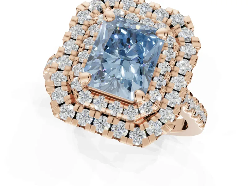 Fancy Blue Radiant Cut Lab-Grown Diamond Double Halo Statement Ring Set in Rose Gold with Pavé Band