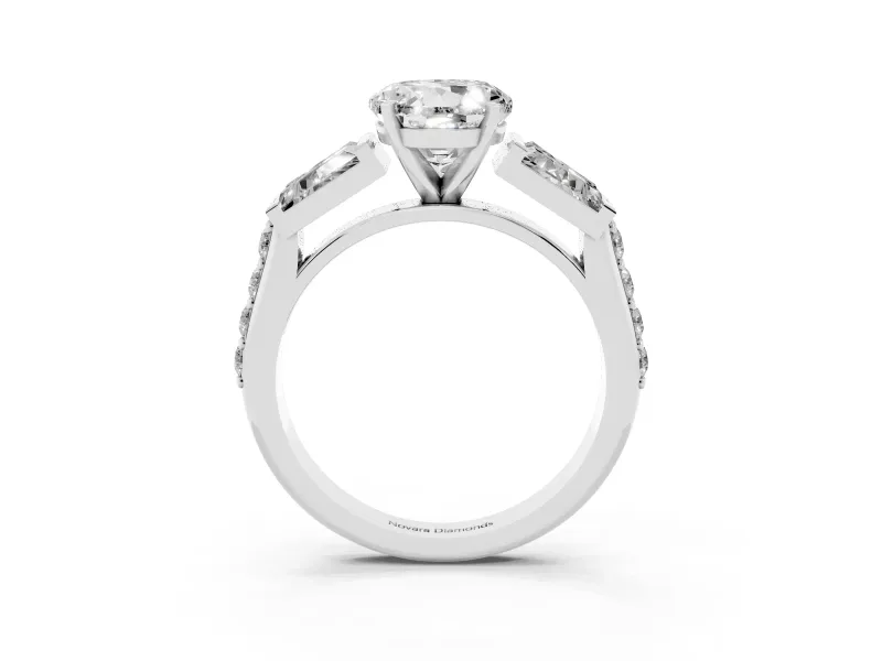 Round Cut Diamond Engagement Ring Set in White gold with Baguette Side Stones and Channel Set Band
