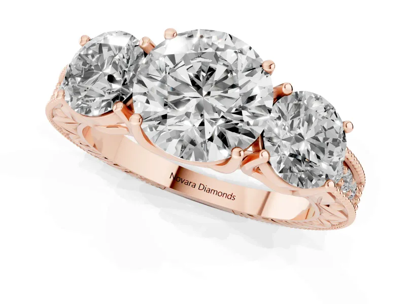 Round Vintage Three Stone Engagement Ring Setting | Milgrain Pavé Band | Rose Gold