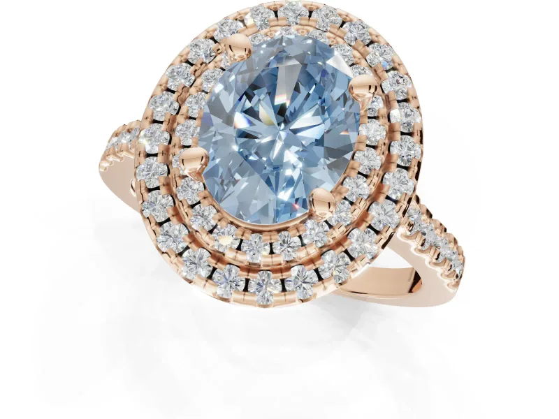 Fancy Blue Oval Lab-Grown Diamond Double Halo Statement Ring Set in Rose Gold with Pavé Band