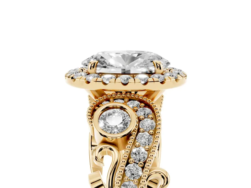 Oval Vintage Milgrain Halo Engagement Ring Setting | Bezel Shoulder Accents | Yellow Gold