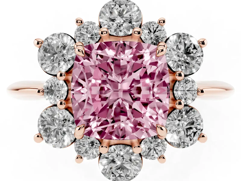 Cushion Cut Cluster Halo Engagement Ring Setting for a Fancy Pink Lab-Grown Diamond | Rose Gold