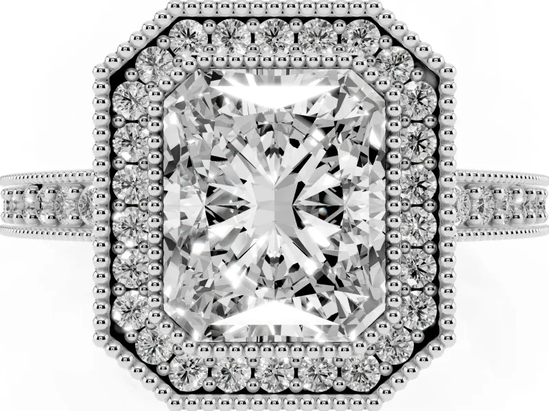 Radiant Cut Milgrain Halo Engagement Ring Setting | Pave Band | White Gold