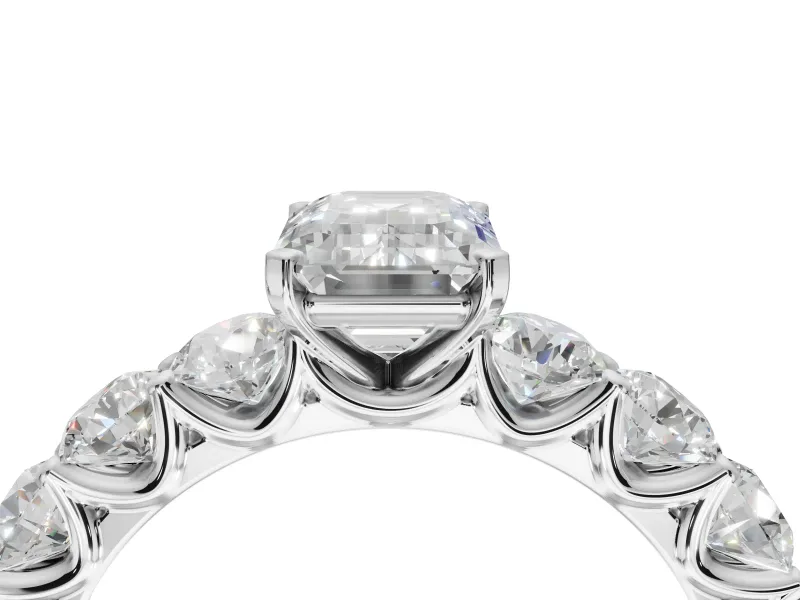 Emerald Cut Side Stone Engagement Ring Setting | Scalloped Prong Accents | White Gold