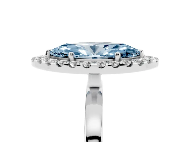 Fancy Blue Marquise Cut Diamond Halo Solitaire Ring Set in White gold with Pavé Band and Prong Setting