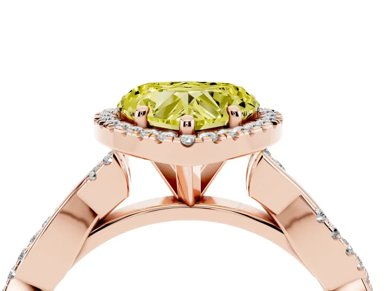 Fancy Yellow Heart Cut Diamond Halo Twisted Band Ring Set in Rose gold with Prong Setting