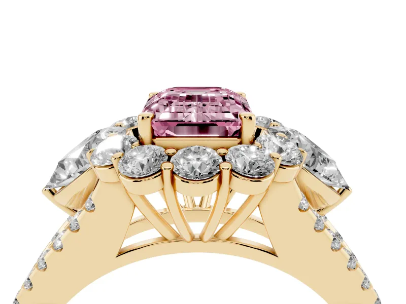 Fancy Pink Emerald Cut Diamond Halo Split Shank Engagement Ring Set in Yellow gold with Prong-Held Center Stone