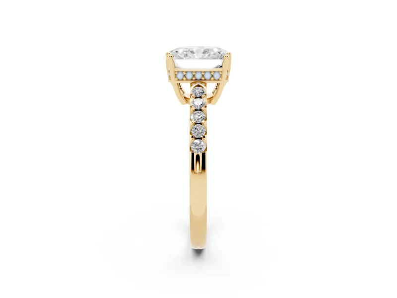Radiant Cut Hidden Halo Solitaire Engagement Ring Setting | Shared Prong Band | Yellow Gold