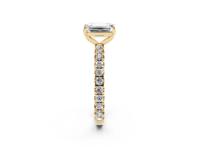 Emerald Cut Diamond Pavé Solitaire Ring Set in Yellow gold with Round Band and Prong Setting
