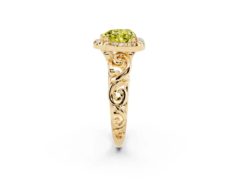 Fancy Yellow Heart Cut Diamond Halo Ring Set in Yellow gold with Scrollwork Band and Prong Setting