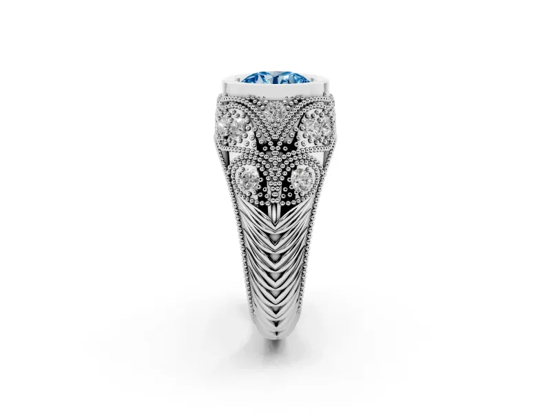 Fancy Blue Round Cut Diamond Bezel Ring Set in Platinum with Milgrain Accent Band