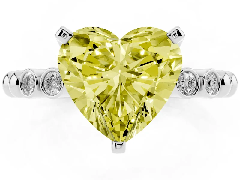 Fancy Yellow Heart Cut Diamond Solitaire Engagement Ring Set in Platinum with Bezel Accents on Beaded Band