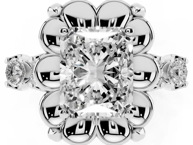 Radiant Cut Diamond Floral Halo Ring Set in White gold with Shared Prong Band