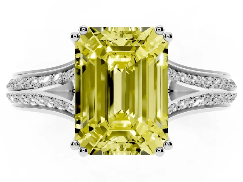 Emerald Cut Split Shank Engagement Ring Setting for a Fancy Yellow Lab-Grown Diamond | Pave Band | Sterling Silver