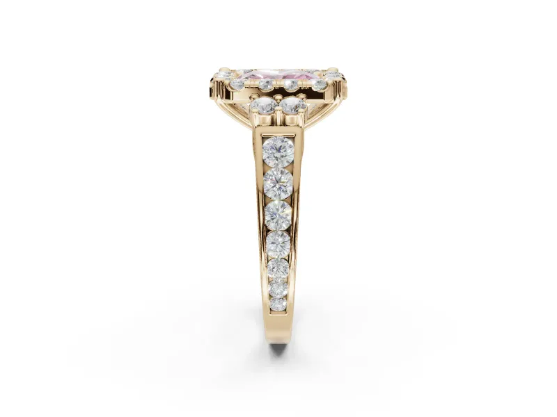 Radiant Cut Halo Engagement Ring Setting for a Fancy Pink Lab-Grown Diamond | Graduated Channel Band | Yellow Gold