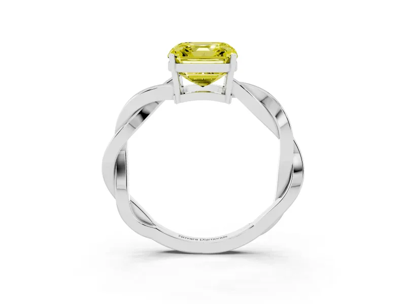 Fancy Yellow Asscher Cut Diamond Solitaire Twisted Pavé Ring Set in Platinum with Prong Setting