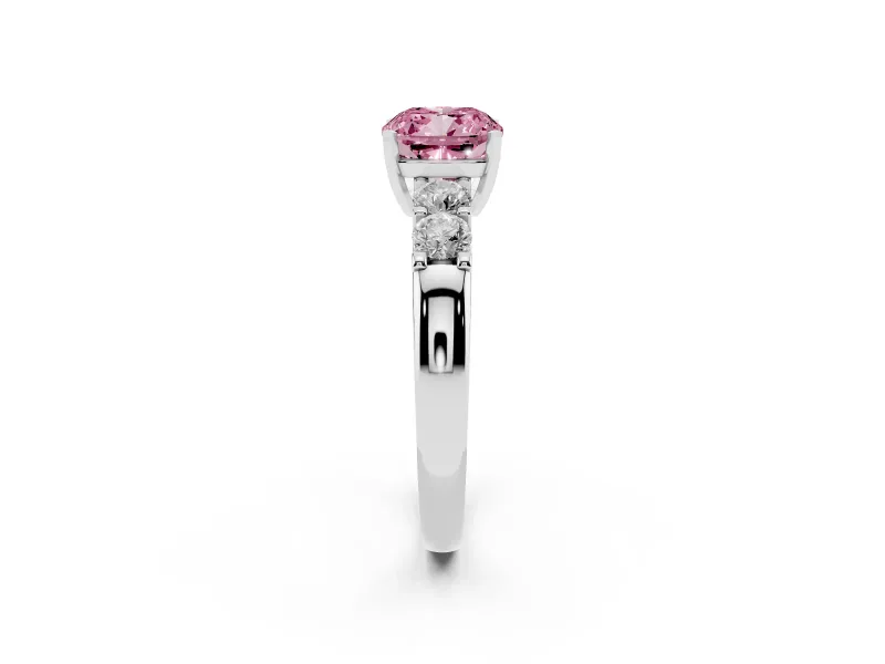 Fancy Pink Cushion Cut Diamond Five-Stone Prong Set Engagement Ring Set in White gold with Channel Band