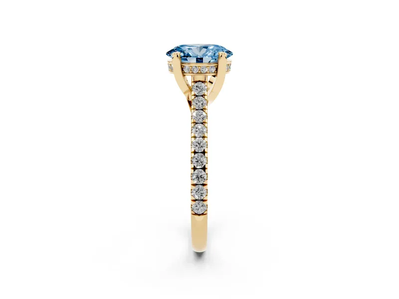 Oval Hidden Halo Pave Engagement Ring Setting for a Fancy Blue Lab-Grown Diamond | Claw Prongs | Yellow Gold