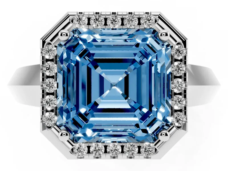 Fancy Blue Asscher Cut Diamond Halo Ring Set in Platinum with Cathedral Band and Prong Setting