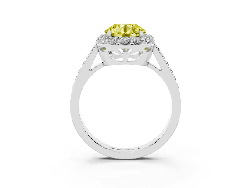 Round Floral Halo Engagement Ring Setting for a Fancy Yellow Lab-Grown Diamond | Large Round Accents | White Gold