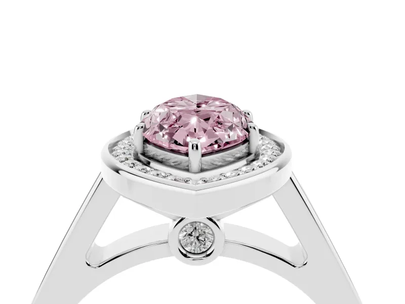 Fancy Pink Marquise Cut Diamond Halo Solitaire Ring Set in White gold with Pavé Band and Bezel Setting