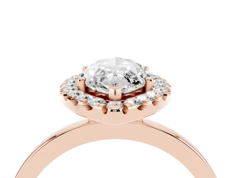 Marquise Cut Diamond Halo Solitaire Ring Set in Rose gold with Pavé Band and Prong Setting