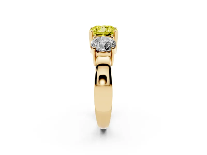 Cushion Cut Three Stone Engagement Ring Setting for a Fancy Yellow Lab-Grown Diamond | Wide Plain Band | Yellow Gold