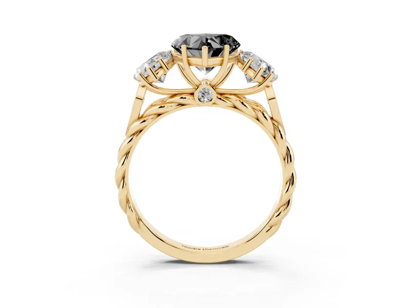 Heart-Shaped Three Stone Engagement Ring Setting for a Black Center | Braided Band | Yellow Gold