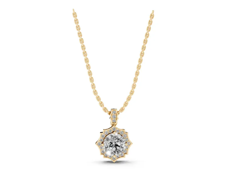 Round Lab-Grown Diamond Pointed Halo Pendant Necklace | Pavé Bail | Yellow Gold