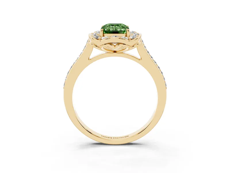 Emerald Cut Petal Tip Halo Engagement Ring Setting for a Fancy Green Lab-Grown Diamond | Pavé Band | Yellow Gold
