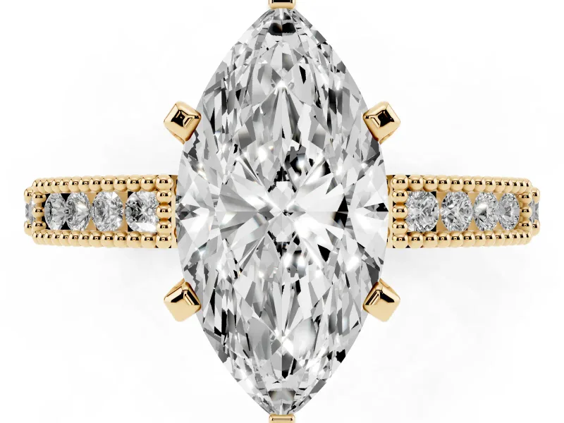 Marquise Vintage Pavé Solitaire Engagement Ring Setting | Milgrain Edges | Yellow Gold