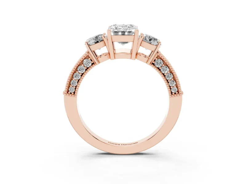Emerald Cut Diamond Three-Stone Ring Set in Rose gold with Round Side Stones and Pavé Band