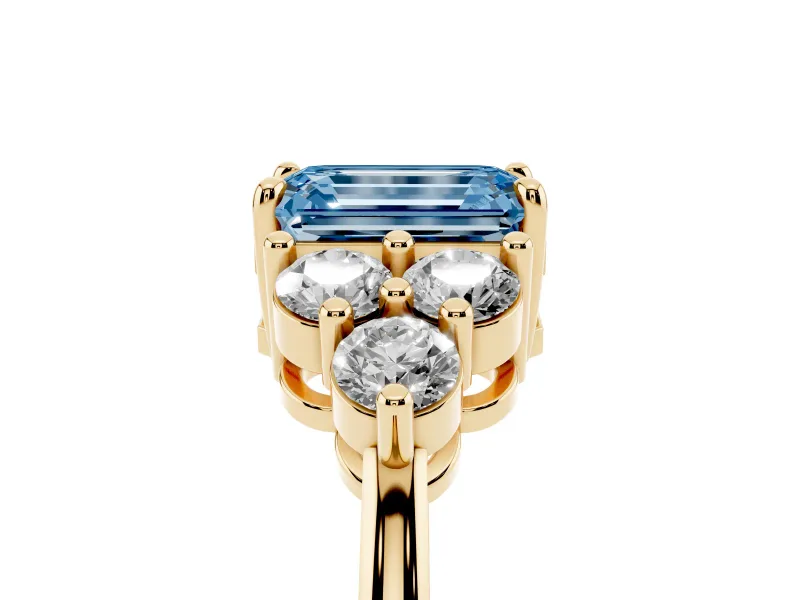 Emerald Cut Cluster Side Stone Engagement Ring Setting for a Fancy Blue Lab-Grown Diamond | Plain Band | Yellow Gold