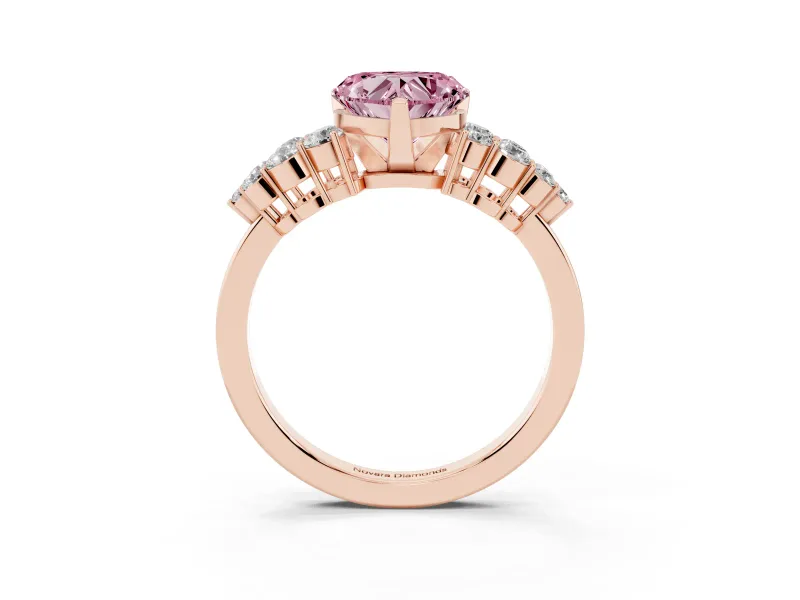 Heart-Shaped Side Stone Engagement Ring Setting for a Fancy Pink Lab-Grown Diamond | Shoulder Clusters | Rose Gold