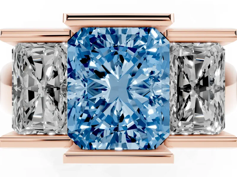Radiant Cut Channel-Set Three Stone Engagement Ring Setting for a Fancy Blue Lab-Grown Diamond | Rose Gold