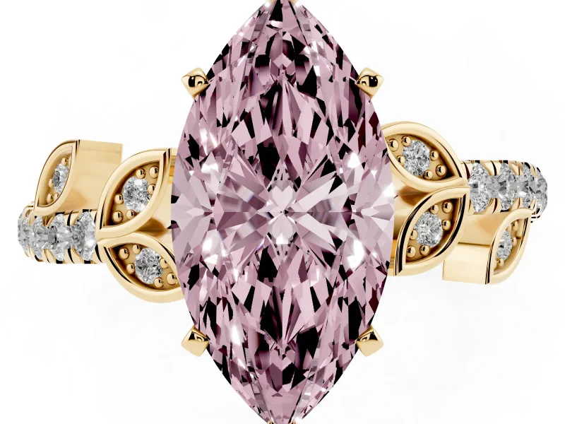 Fancy Pink Marquise Cut Diamond Solitaire Leaf-Inspired Ring Set in Yellow gold with Pavé Band and Prong Setting